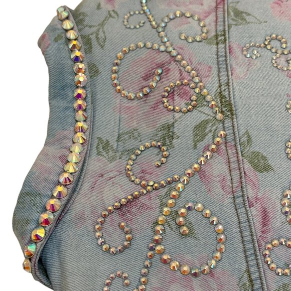 (H-216) Embellished Rose Print Denim Jean Jacket Size L - Picture 10 of 14